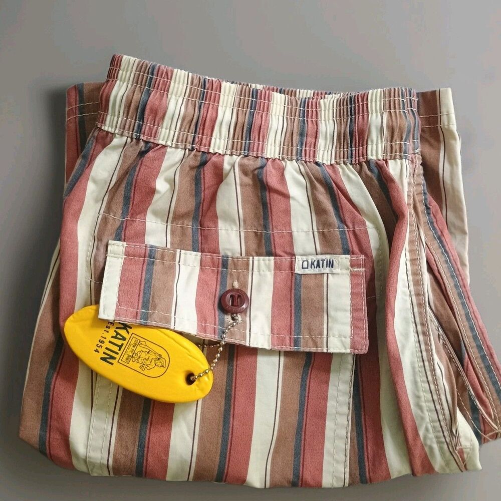 Katin Kenwwood Volley Swim Trunks Mens Medium Mauve Cream Blue Tan Stripe